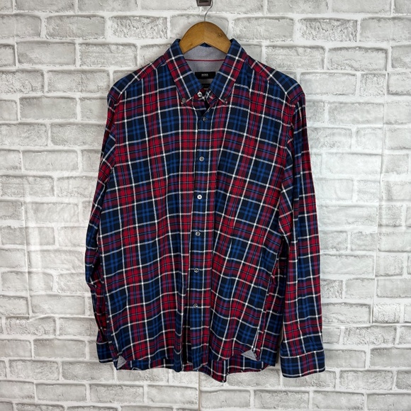 Hugo Boss Regular Fit Patriotic Tartan Plaid Long Sleeve Button Down Shirt XL - Picture 2 of 8